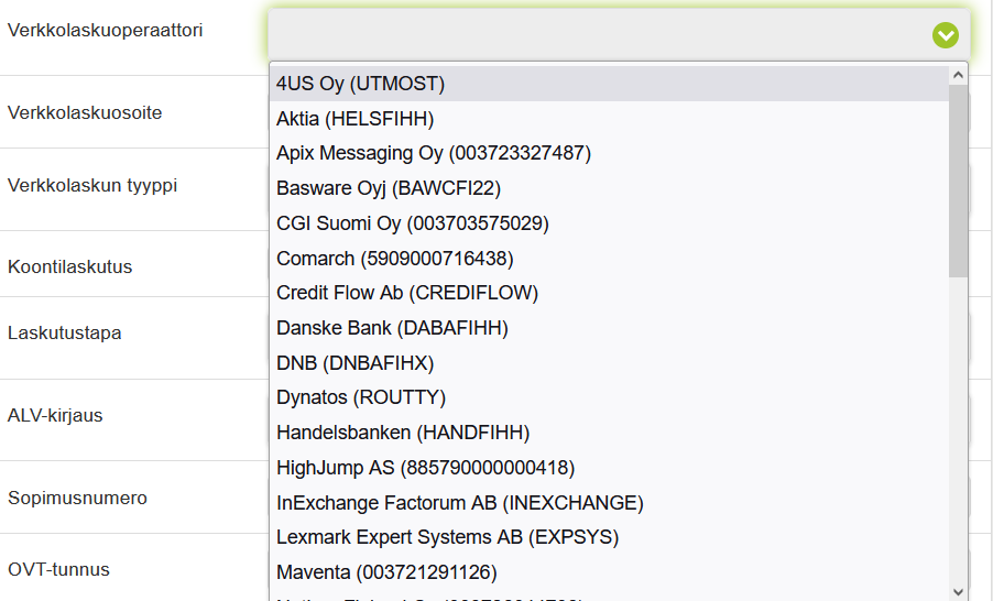 Kuva HelpostiLaskun valikosta, jossa saa valittua verkkolaskuoperaattorin